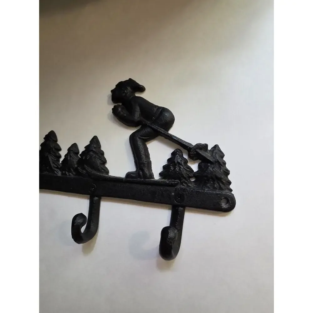 Cast Iron Bear And Skiing Wall Hook Rack Rustic Cabin Lodge Coat Hanger Set Of 2